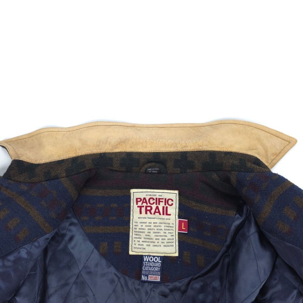 VINTAGE 90s Pacific Trail Wool Chore Jacket Leather Barn Coat Southwest Aztec - Picture 11 of 12